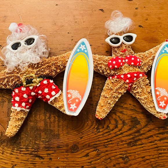 Mr. & Mrs. Clause Santa Surfer and Bikini Starfish Ornament Set #SANTA - Picture 1 of 1